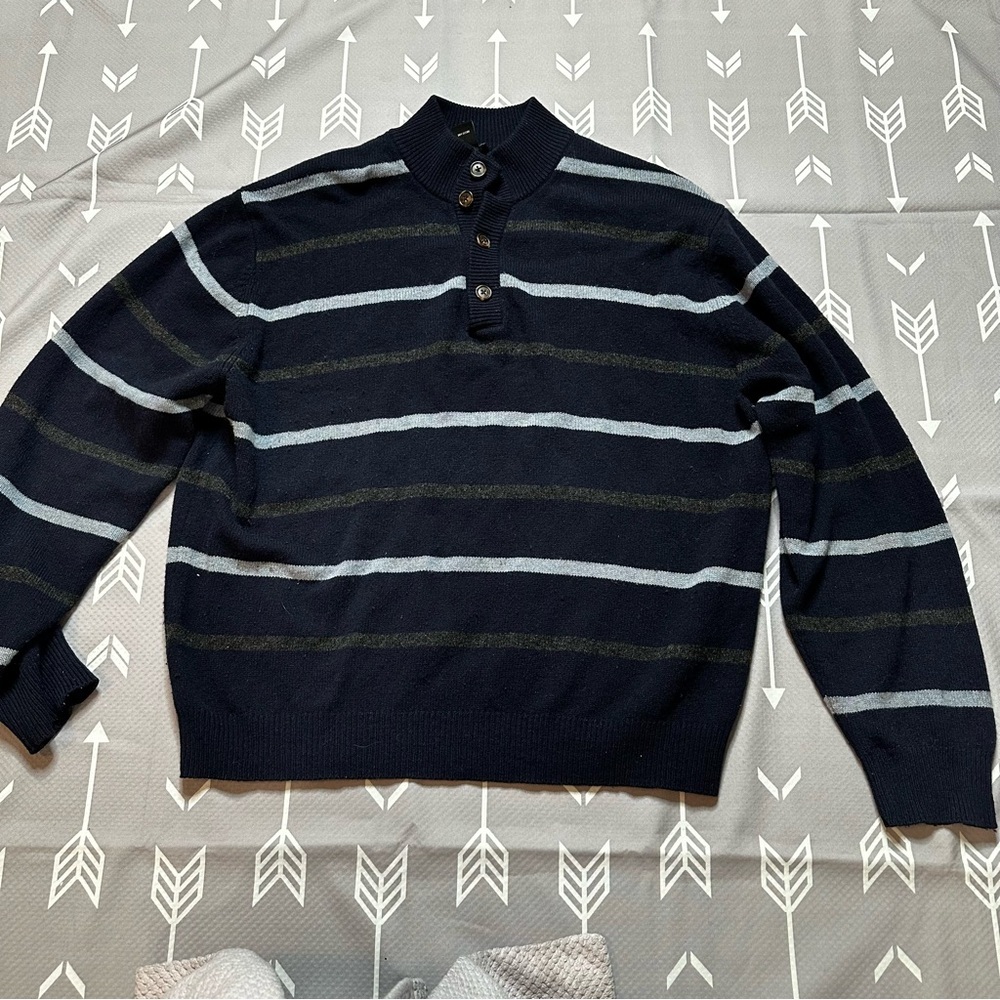 Jos A. Bank Men's Sweater Sz L Lambswool Blend Striped 1/4 Buttons Pull On Black